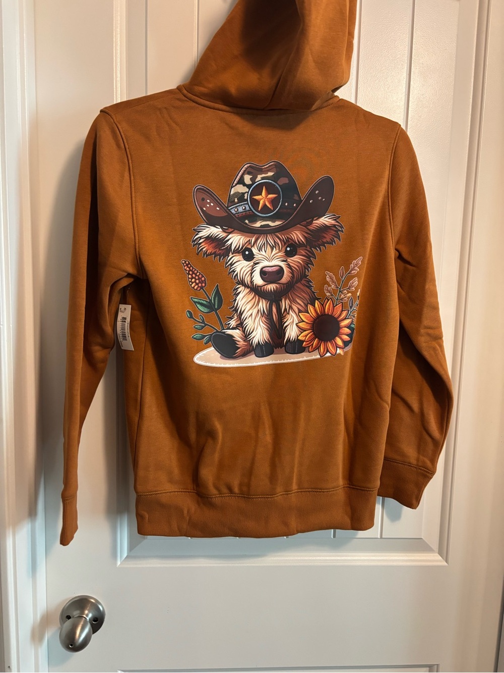 Kids Rust Brown Hoodie with Western Highland Cow